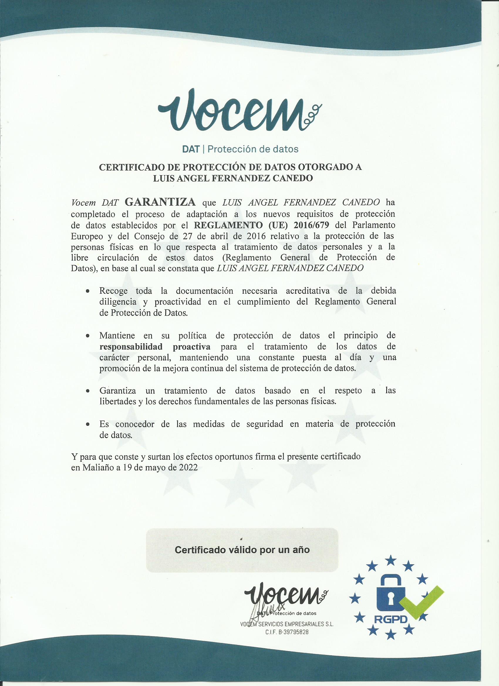 Certificado JPEG Protección de Datos Casa Canedo.